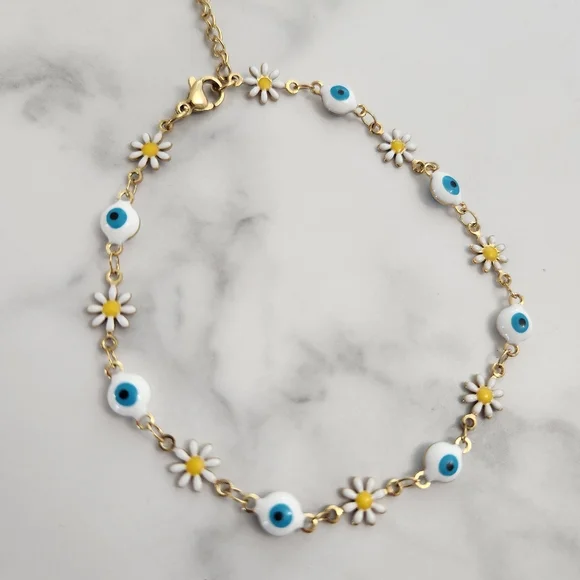 Stainless Steel White Blossom Evil Eye Gold Plated Floral Charm Anklet Bracelet - Picture 15 of 15